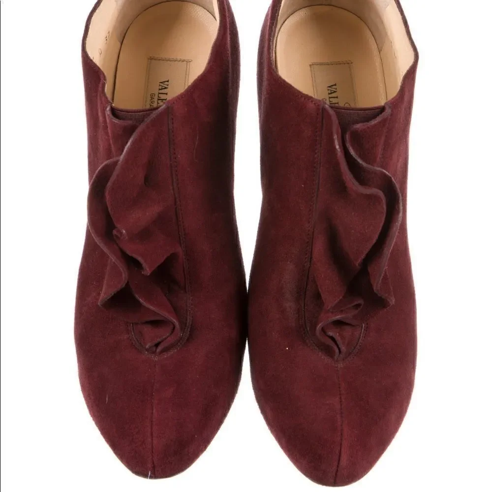 Valentino Garavani Suede Ankle Ruffle Lace-Up Booties